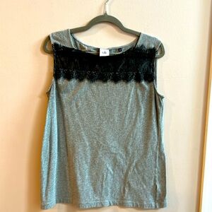 Cabi #3815 Lacey Tee Shirt Size Medium Sleeveless Gray Black Lace Cotton